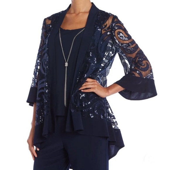 Rm Richards New 3 Piece Sequins Jacket Top Pant Suit Set Size 16 Blue Style 2343 - Picture 4 of 9